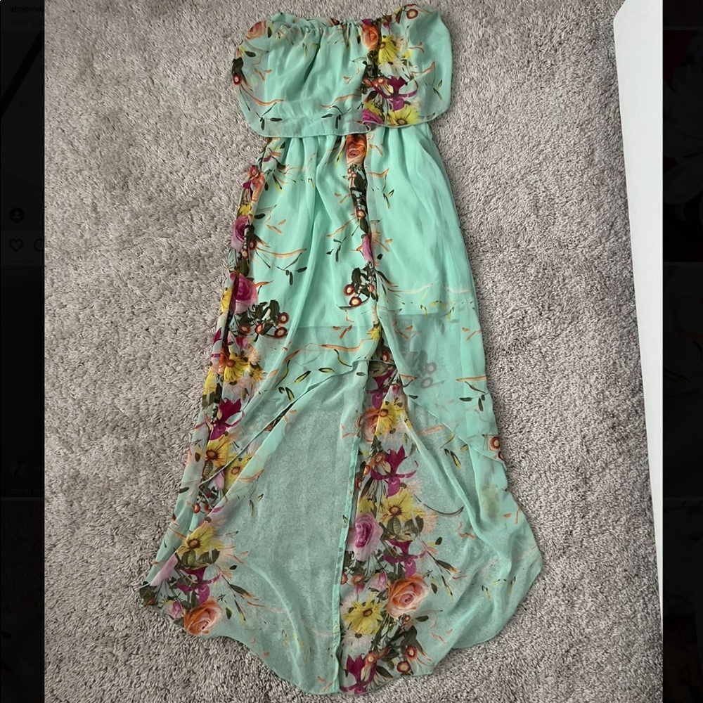 Floral Chiffon Strapless High Low Dress